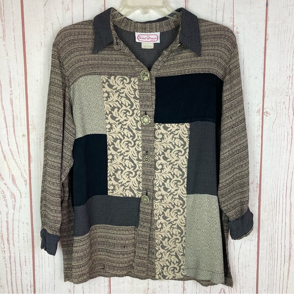 Vintage Saint Germain Woman 1X Button Shirt Mixed Media USA Unique Buttons Flaws - Picture 2 of 14
